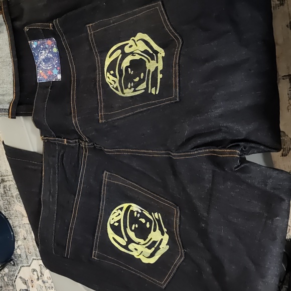 Billionaire boys club jeans XL dark wash  yellow logo 36